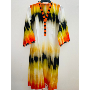 Look N Buy by Rakiba Khan Rakhi: Indian Silk Kurti - White, Orange, Yellow & Black Tie Dye