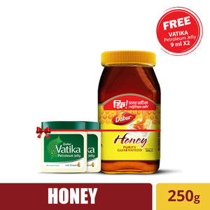 Dabur Honey: 100% Pure Honey with No Sugar Adulteration (Free 2 Pcs Vatika Petroleum Jelly 9 ml) 250 gm