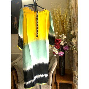 Look N Buy by Rakiba Khan Rakhi: Indian Silk Kurti - Mustard, Black, White & Green Gradient
