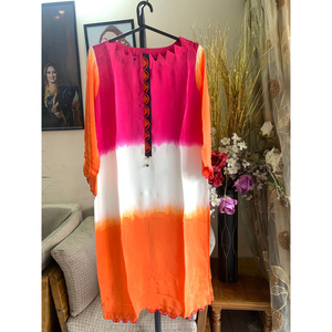 Look N Buy by Rakiba Khan Rakhi: Indian Silk Kurti - Magenta, White & Orange Gradient